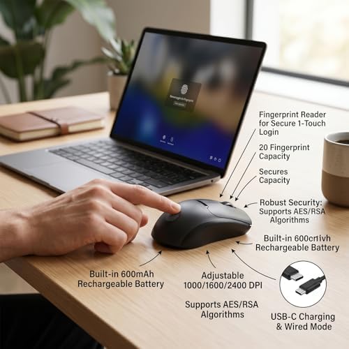 Yoidesu Fingerprint Sensor Wireless Mouse 360 Recognition, Wireless Bluetooth Mouse 2.4G BT5.0 USB Modes, 1000 1600 2400 DPI, 600mAh Battery for PC Laptop Desktop Work - 4