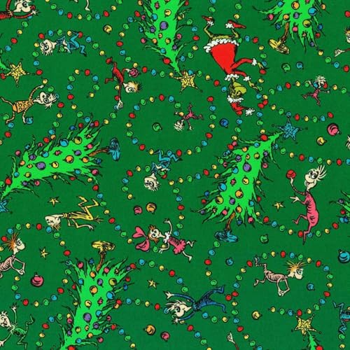Robert Kaufman Cotton How The Grinch Stole Christmas Lights Trees Grinch Children Christmas Winter Holiday Seasonal Book Kids Dr. Seuss Green Cotton Fabric Print by The Yard (ADED-22569-274-PINE)