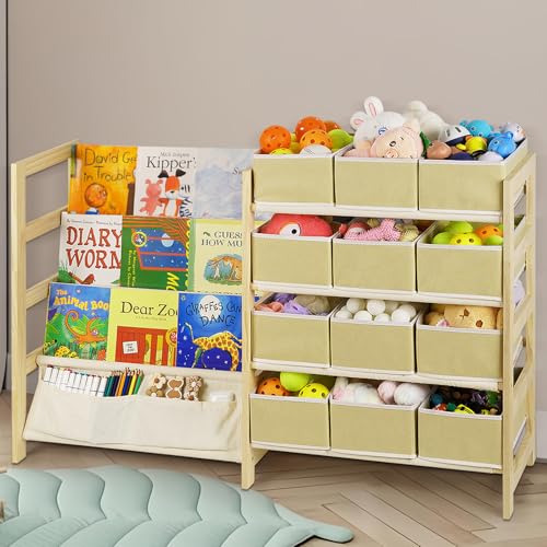Lzttyee Toy Organizer with Bookshelf, 4-Tier Solid Wood Kids Bookshelf and Toy Storage, Large Capacity Toy Storage with 12 Foldable Toy Bins, Easy Assembly Multipurpose Shelf Organizer