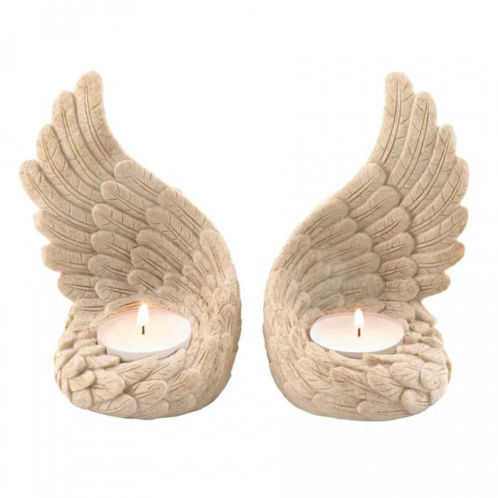 SecondBoy 2 Spreading Wings Angel Cherub Bird Tealight Candle Holder Memorial Wedding Statue Decor