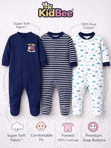 Image of Kidbee Baby Boys & Girls Full Sleeves Cotton Footed Romper Sleepsuit Pack of 3
