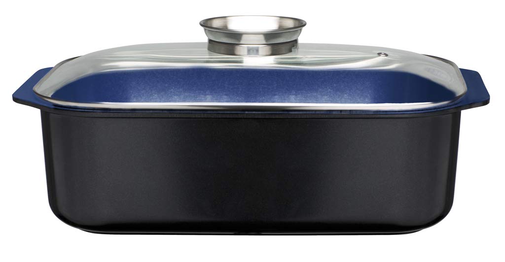 GSW Stahlwaren GmbH Rechteckiger Bräter mit Glasdeckel und Aromaknopf, 40 x 26 x 11 cm, 8 Liter, Aluguss, Blau/Schwarz/Transparent