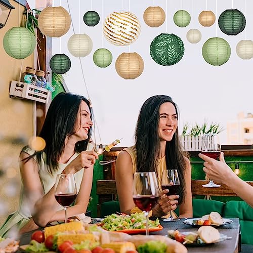 Image of 16-Pack Chinese Paper Lanterns, Sage Green Brown Party Decorations | 4 /6 /8 /10 /12-Inch Hanging Lanterns with Olive Leaf and Foil Stripes for Jungle Themes, Birthdays, Weddings and Baby Showers