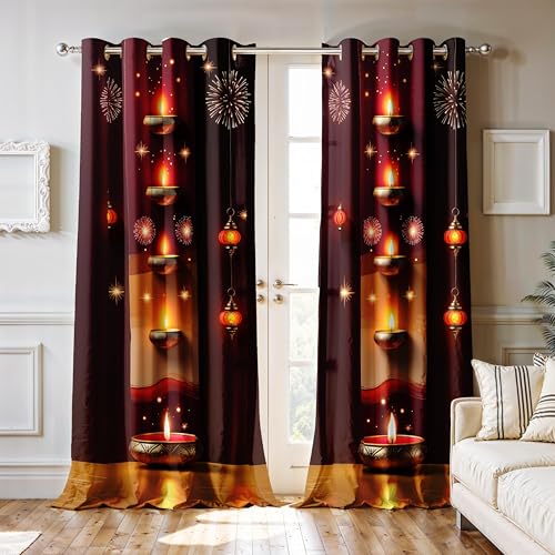 Image of Ultimate Trends Festival Themed Light Filtering Polyester Curtain Diya, Lantern, Lotus & Fireworks Print | Ideal for Diwali, Pooja Room, Living Room Dcor | Eyelets|, 6 FEET (Pack of 2)