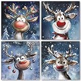 Charity Christmas Cards Pack of 32. Each Christmas Card multipack has 4 different Funky Reindeer designs. Ecofriendly and UK made. Verse Inside. Small 100 x 100mm card size.