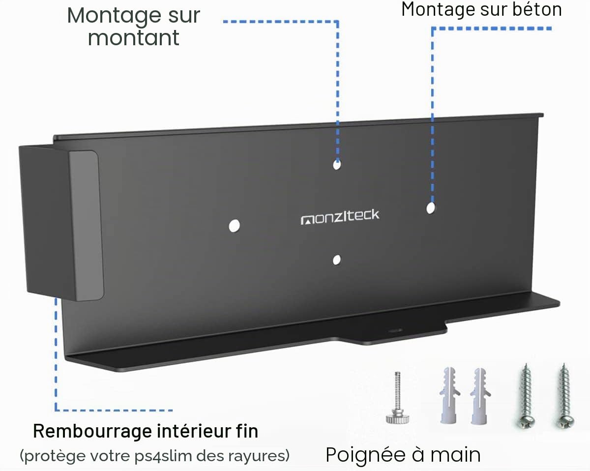 Monzlteck Support Mural pour PS-4 Slim, près ou derrière la télévision, Gain de Place, personnalisé pour s'adapter Parfaitement à la PlayStation4 Slim, Facile à Installer