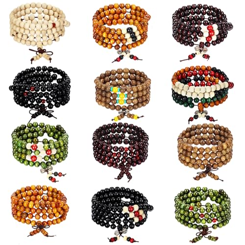 24 Pcs 108 Mala Bead 8mm Meditation Bracelet for Men Tibetan Buddha Link Retractable Wood Beaded Multilayer Sandalwood Wood Bracelets Buddhist Prayer Strand Prayer Gift for Meditation Lovers