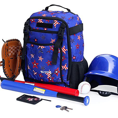 Zoea Youth Baseball Bat Bag Backpack, T-Ball & Softball Equipment & Gear For Youth, Large Capacity Holds 2 Bats, Helmet, Gloves, Cleats, Helmet Holder And Includes Fence Hook (Star Blue) #TOP4