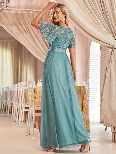 Image of Ever-Pretty Sequin Formal Prom Dresses for Women Ruffle Sleeves Empire Waist A-Line Long Mother of Bride Dress 00904