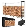 UFavo Home 8 ft Firewood Log Rack Oudoor with Cover Fireplace Wood Storage Racks Metal Firewood Holder for Indoor Patio Deck, Black