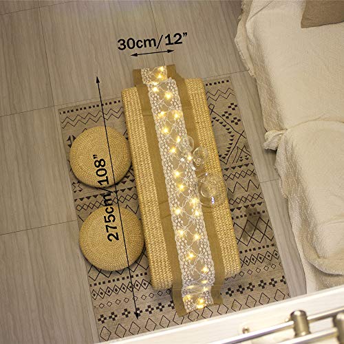 40 Led Table Runner With String Lights Handmade Burlap Roll Linen Fabric Tablecloth, Lace Natural Jute Rectangle Table Cover For Buffet, Party, Holiday Dinner, Reception, Wedding Decor - 12 X 108 Inch #TOP3