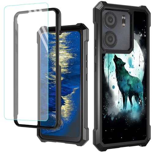 GFRGTFHYT Schutzhülle für BLU View 5 B160V, 16,7 cm (6,5 Zoll), 2024, mit Bildschirmschutzfolie aus gehärtetem Glas, doppellagig, strapazierfähig, stoßfest, Schutzhülle für BLU View 5, Aquarell, Wolf,