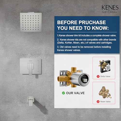 KENES Tub Shower Faucet Set Complete, Brushed Nickel Tub and Shower Trim Kit with 6-Inch Rain Shower Head, Square Shower System, KE-6025A (Shower Valve Included) by KENES - Image 3