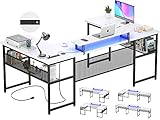 Unikito U Shaped Computer Desk with LED Strip and Power Outlets, Reversible Large Office Desk with Monitor Stand and Storage Shelves, 2 Person L Shaped Gaming Table, 83 Inch U Shape Corner Desk, White
