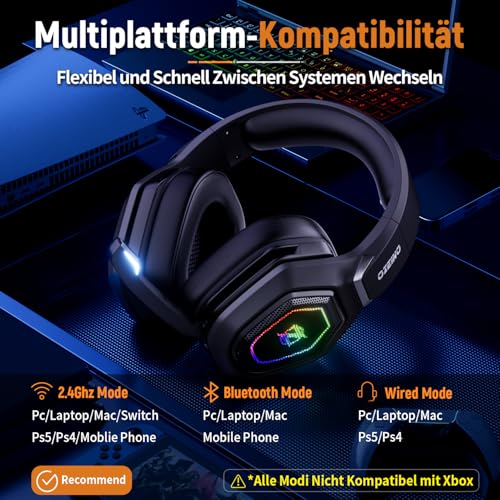 Kabelloses Gaming-Headset mit Mikrofon, 2,4 G & Typ-C-Sender, 30 Stunden Akkulaufzeit, RGB-Beleuchtung Gaming-Kopfhörer für PS5, PS4, PC, Telefon – Bild 6