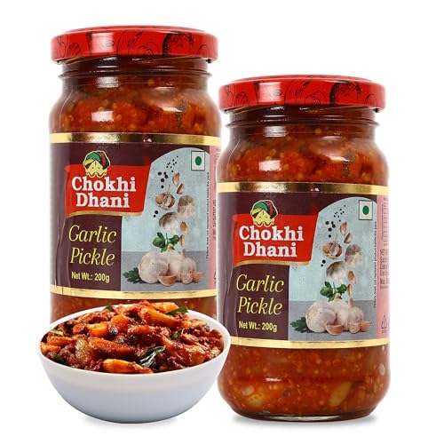 Image of Chokhi Dhani Garlic Pickle (Pack of 2, 200g Each) | Lahsun Achar | Spicy Indian Pickle with Whole Garlic Cloves | Traditional Homemade Style | Lassan ka Achar