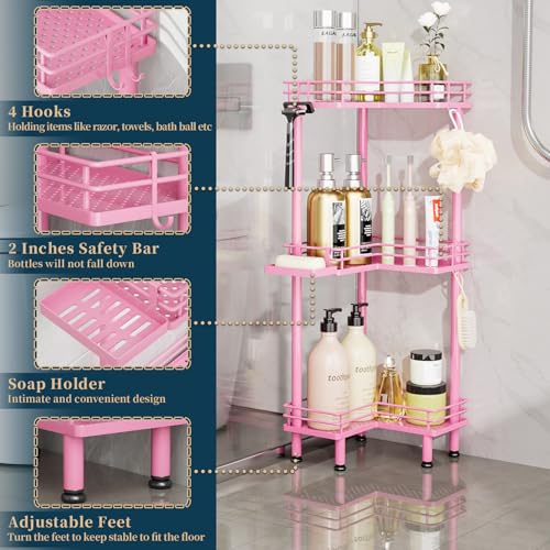 Image of Consumest Corner Shower Caddy Standing - 3-Tier Stainless Steel Shower Organizer with Soap Holder and 4 Hooks, Large Capacity Corner Shelf Stand for Bathroom, Rest Room, Pink