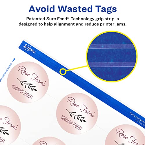 Avery Round Tags, Sure Feed Technology, 2\" Diameter, Matte White, Strings Included, 120 Total, Print-to-The-Edge, Laser/Inkjet Printable (80512)