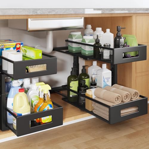 Image of 2 Packs 17IN Depth Under Sink Organizer, 2-Tier Pull Out Cabinet Organizer With Smooth Circular Rail, Large Capacity Metal Mesh Sliding Drawers For Bathroom& Kitchen Storage,Height Adjustable -Black
