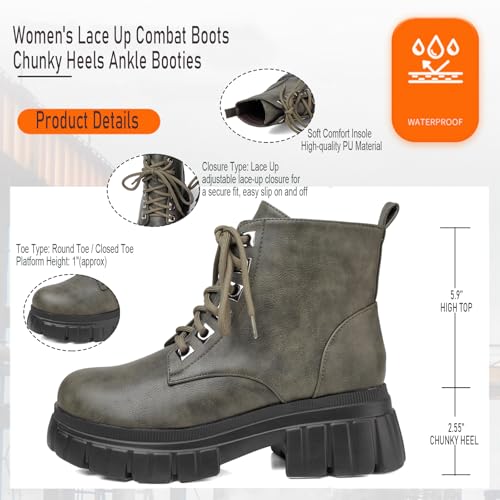 GATUXUS Women's Lace Up Combat Ankle Boots Fashion Low Chunky Heels Lug Sole Platform Hiking Booties Shoes 7