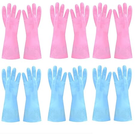 Dishwashing Rubber Gloves Non-Slip Household Laundry Kitchen Cleaning Gloves Reusable PU Waterproof Latex Gloves for Women and Men (Large, 6 Pairs) Pink 2 Pairs and Blue 2 Pairs
