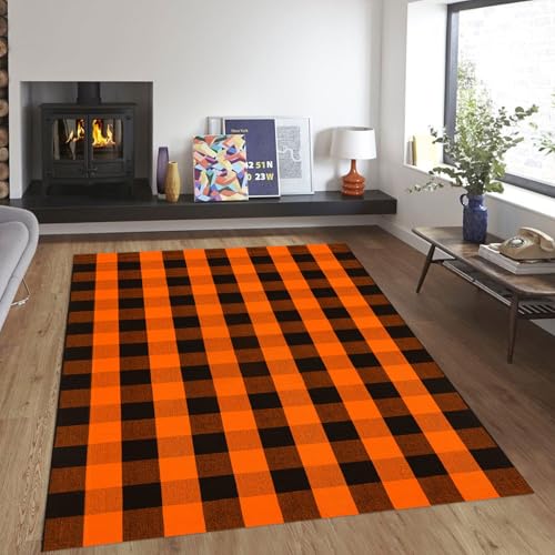 Fall Outdoor Rug Orange Buffalo Plaid Outdoor Rug Cotton Hand-Woven