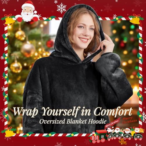 AmyHomie Sherpa-Lined Wearable Blanket Hoodie — Oversized Black — view 6