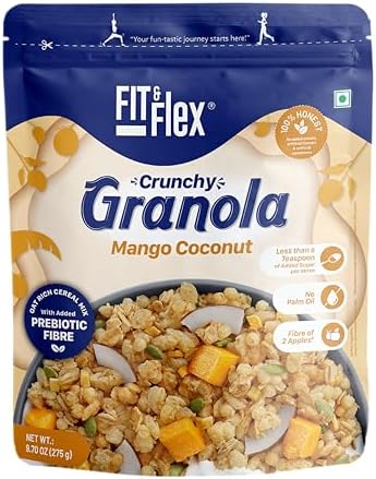 Fit & Flex Baked Granola | Mango Coconut | Oat Rich Cereal with Real Freeze Dried Fruits | Ready to Eat Healthy Breakfast Food | Cholesterol Free with Immunity Boosters - 275 GM