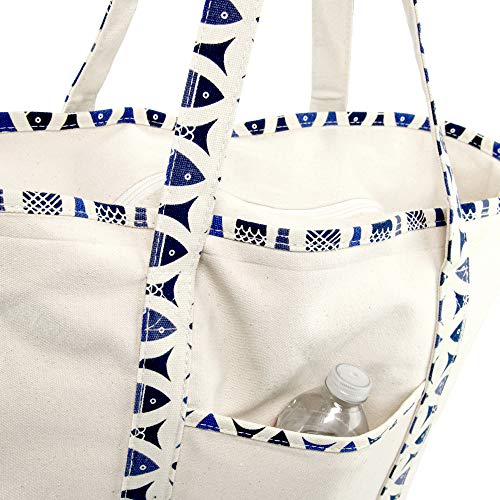 Dalix 22" Shopping Tote Bag Heavy Cotton Canvas (Zippered Top) Blue Antique Fish #TOP6