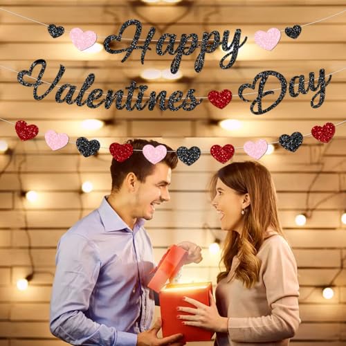Glitter Happy Valentines Day Decorations Banner Red and Black Glittery Heart Valentine’s Day Garland Banner for Black Happy Valentine’s Day Party Valentines Wedding Anniversary Party Supplies - Image 6