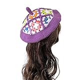 BIBITIME Women Crochet Beret Cap Handmade Knitted Hollow Flower Lady Beanie Hat (Large 20.5 inches - 23.6 inches, Purple-Multi)