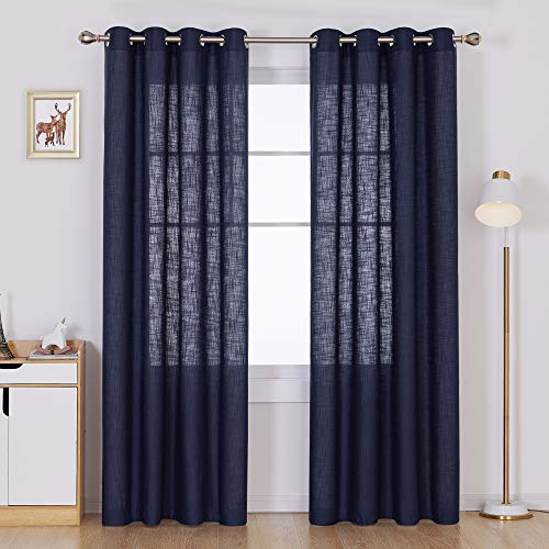 Deconovo Faux Linen Window Drapes Linen Look Panels Solid Grommet Curtains for Living Room Semi Sheer Curtain Navy Blue 52x84 Inch 2 Panels