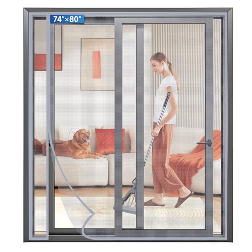 LONGEAS Magnetic Screen Door Left Right Side Opening Upgraded PET Mesh Greater Than Fiberglass and Polyester,Keep Bugs Out,Pet & Kid Friendly,Suitable for Sliding Doors,Patio French Doors-74" X 80"