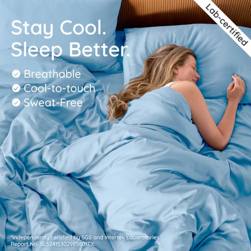 Image of Bambaw 100% Viscose Derived from Bamboo Duvet Cover King Size - 3 Piece Cooling Duvet Cover Set, Luxury Duvet Cover King Size, Breathable Duvet Cover King, Soft Bedding Set, No Comforter (Dream Blue)