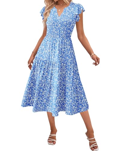 Image of ZEAGOO Womens Summer Casual Dresses Ruffle Sleeve V Neck Midi Dress Flowy Tiered Dress with Pockets Boho Sundresses