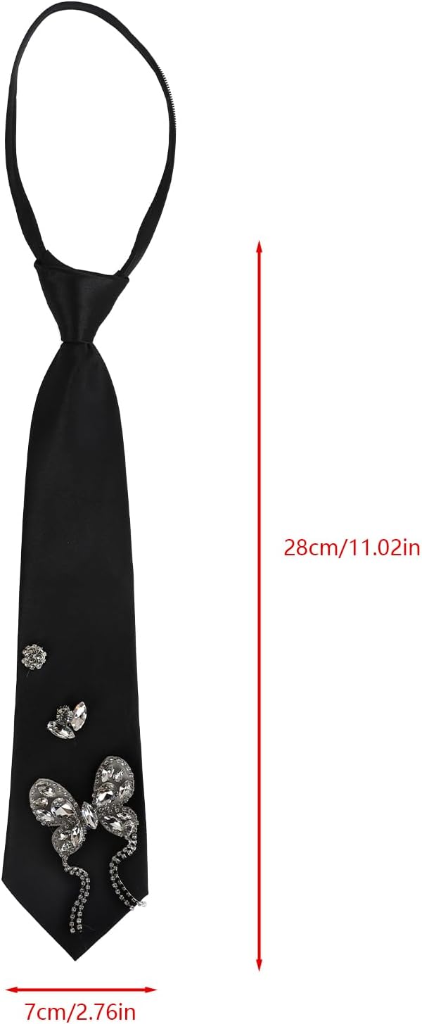 OhMill Women Black Crystal Necktie Pre-tied Adjustable Tie with Flower Butterfly for Costume Stage Performance Daily Wear