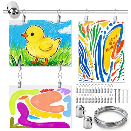 BNJZWJJ 68PCS Art Display for Kids Artwork, Steel Wall Picture Hanging Kit with 60 Clips and 10ft Wire, Adjustable Wire Rod Kit for Kids' Crafts, Art Walls, Picture Display, and Artwork