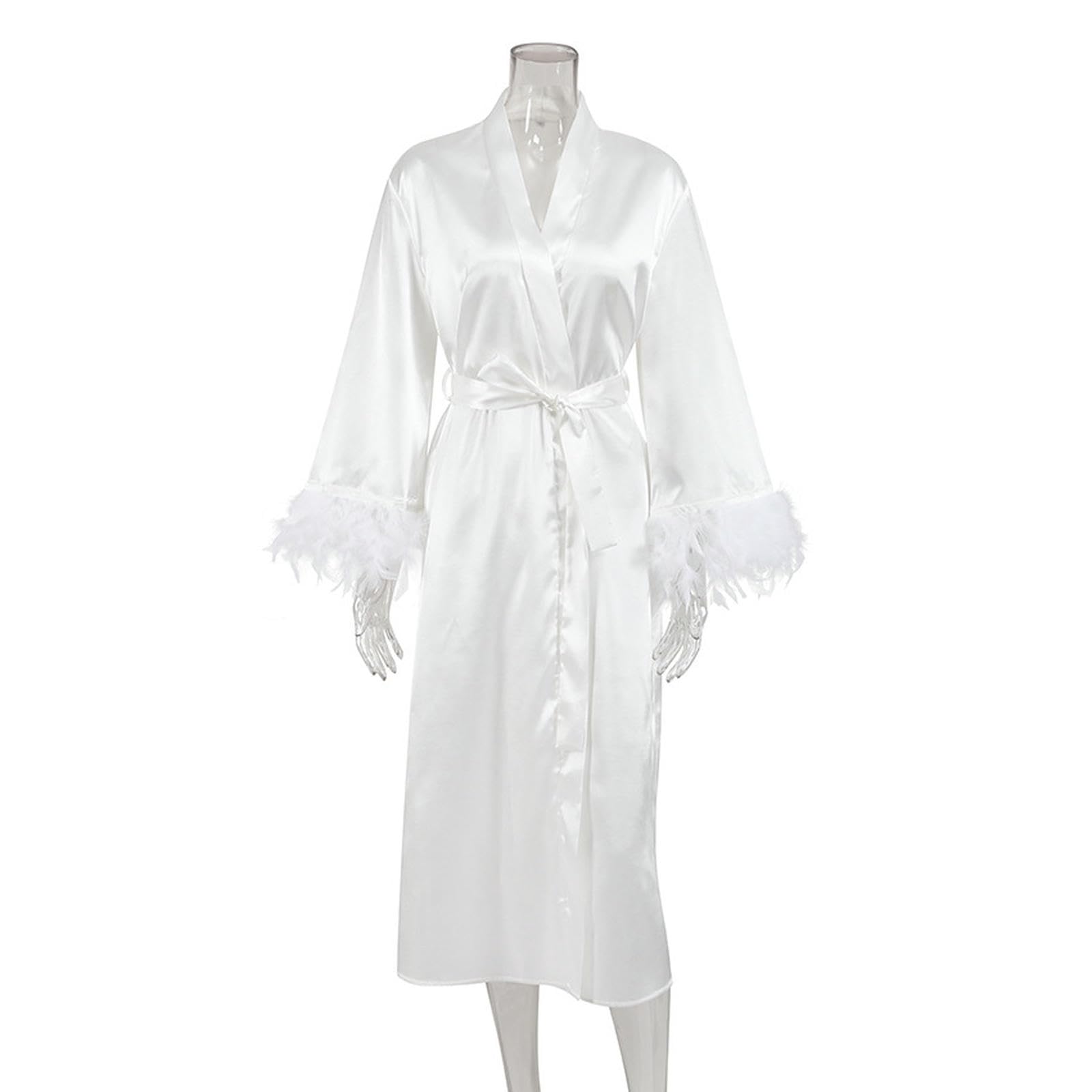 Damska bielizna nocna dla kobiet Feather Trim Bridesmaid Sukienka damska Featrered Silky Satin Wedding Party Sleepwear Loungewear-Blanc-l