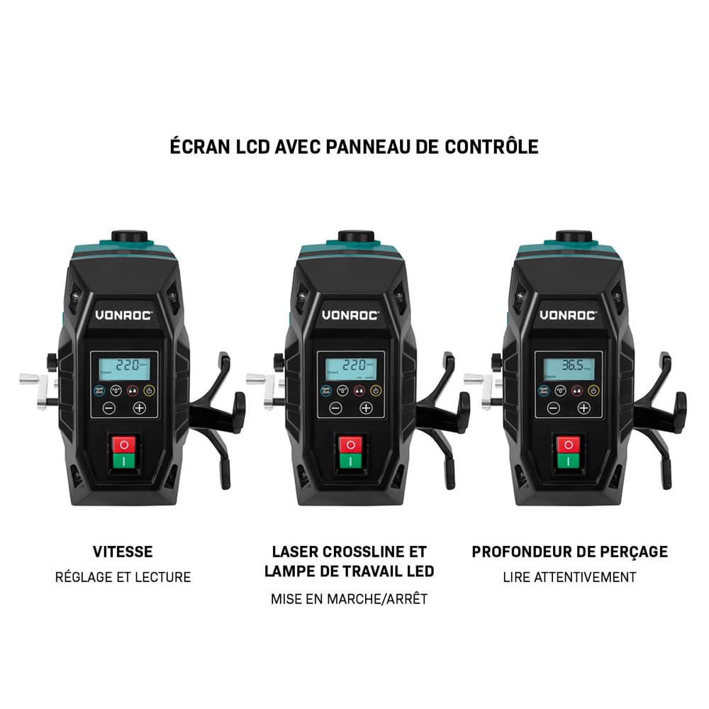 VONROC Perceuse à colonne 900W - Perceuse d'établi - écran LCD - bois 40mm/acier 13mm - laser crossline et lumière LED - Accessoires inclus.