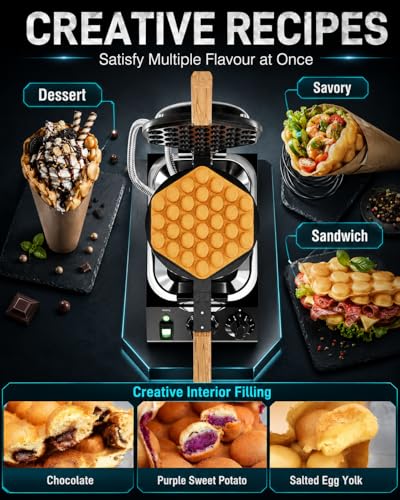 Image of PYY Bubble Waffle Maker - 1500W Commercial Waffle Iron, 122-482℉ Electric Stainless Steel Egg Puff, Non-Stick Coating, 180 Rotating, Hong Kong Round Cones, Black