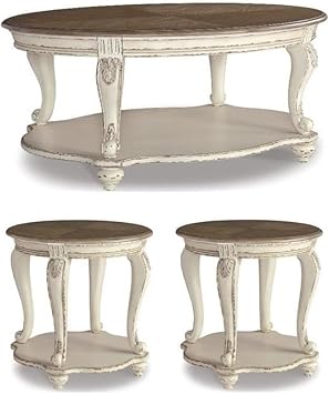BOWERY HILL 3-Piece Coffee & End Table Set in Chipped White & Brown