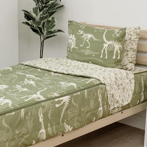 Image of Beddy's Dinosaur T-Rex Durable Zipper Bedding for Kids - Green Sheets & Comforter with Dino Fossils - Includes Pillowcase & Sham - Easy to Make & Wash- Toddler