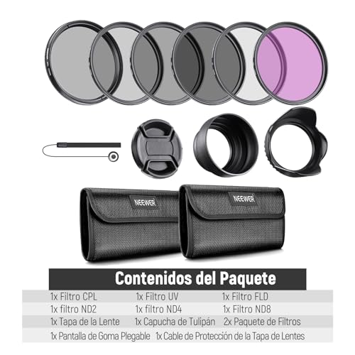 NEEWER 55mm Kit de Filtro ND y Accesorios de Lente, ND2 ND4 ND8 UV FLD CPL(Polarizador Circular) Juego de Filtros con Tapa de Lente/Parasol de Lente en Forma de Tulipán/Parasol de Lente Goma Plegable - imagen 9