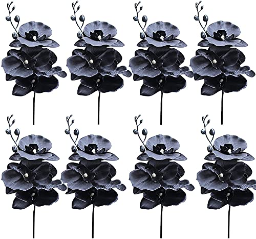 Lrnn 8pcs Black Artificial Orchids Stems Real Touch Simulation Phalaenopsis Faux Silk Flower Arrangement for Home Office Wedding Decoration