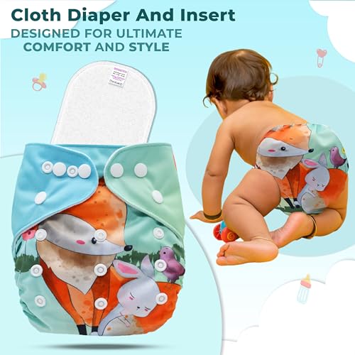 Image of Bembika A Plus Printed Cloth Diaper with 3-Layer Micro Fiber Inserts for Babies Washable & Reusable Cloth Nappies for Baby Leakproof and Wetfree Adjustable Cloth Diapers -(BE2725)