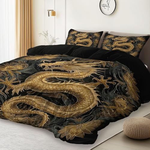Housses de Couette Noir Réversible 4 Saisons, Oriental Dragon Doré Motif thème Parure 3 pièces pour Couette en Microfibre Douce, 140 x 200 cm avec...