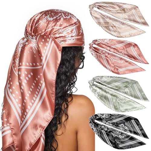 Image of DRESHOW 35 inch Large Square Satin Head Scarf - 4Pcs Silk Accessories Classic Patterned Squares Beach Bandanas for Women