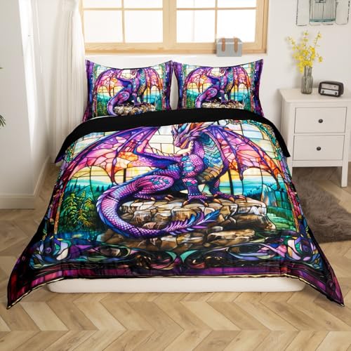 Purple Dragon Duvet Cover Set Queen Size,Pine Mountain Natural Rustic Farmhouse Bedding Set,Boys Girls Men Room Decor,Western Dragon Magical Animal Trippy Quilt Cover,2 Pillowcases(No Comforter)