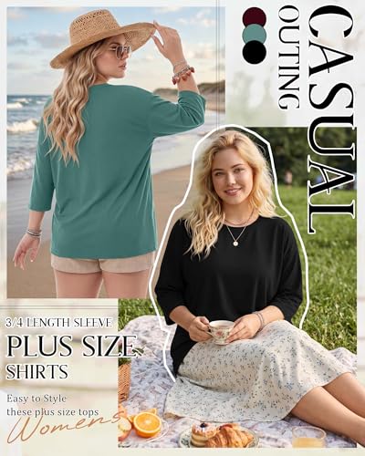 Image of Locoowai 3 Pack Women Plus Size Tops 3 /4 Sleeve Cotton Crew Neck Oversized T Shirts Loose Fit Tee Tunic Casual Blouse
