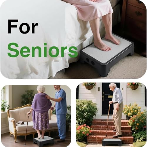Image of COOL-ANGLE Non-Slip Step Stool for Adults & Seniors - 3.4 inch Low Profile Wide Platform 600lbs Capacity - 6 Stability Feet Bed Step for High Beds, Bath & Car - Portable with Handles, Gray